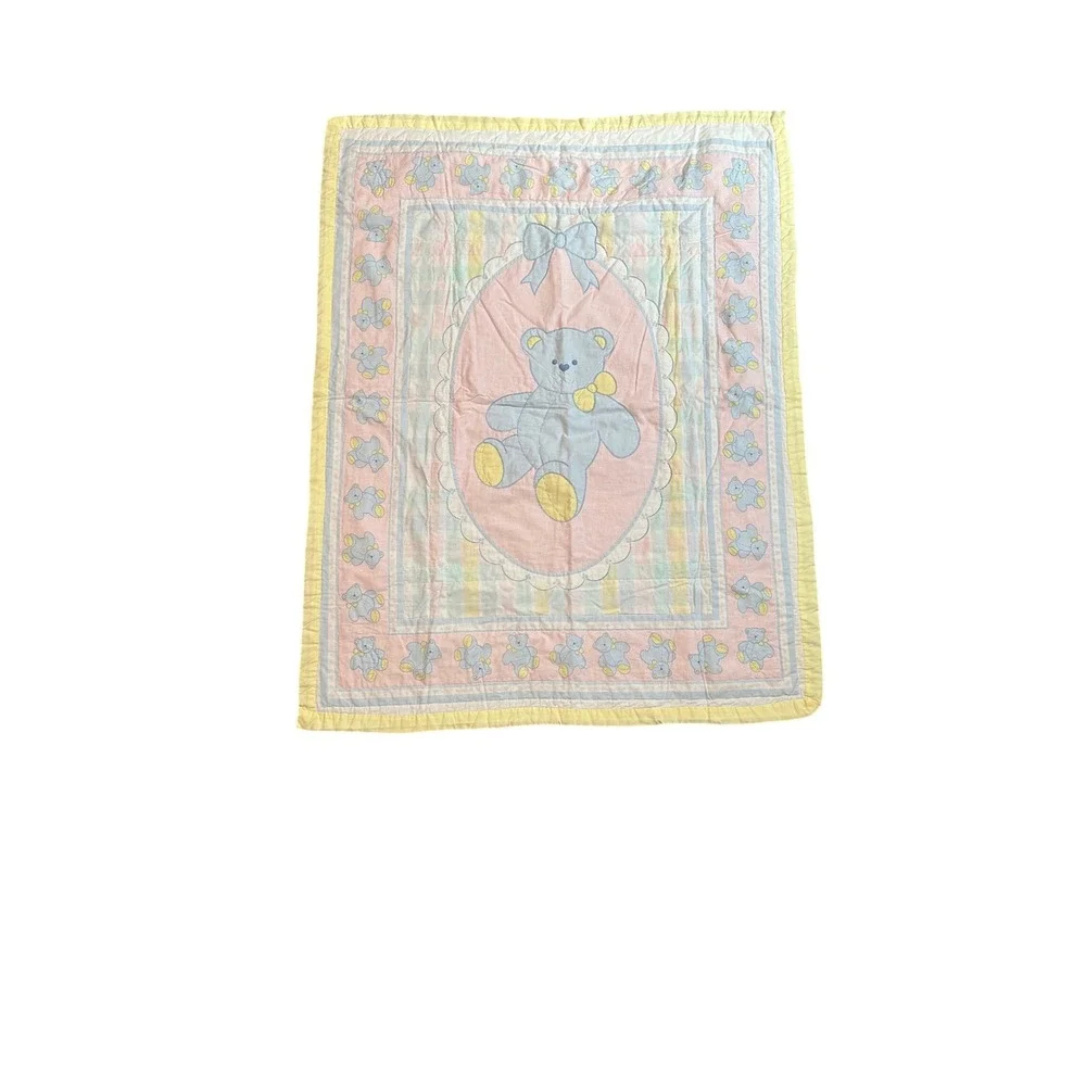 Vintage Teddy Bear Quilted Baby Blanket Pastel Pink Blue Yellow Nursery Quilt